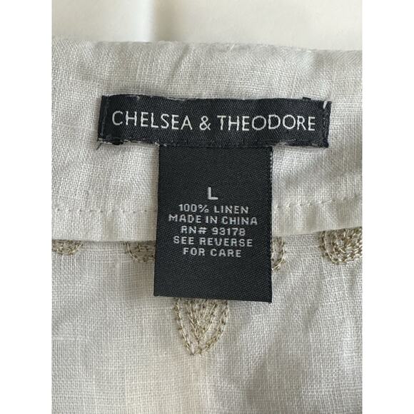 Chelsea & Theodore Size Large Tunic 100% Linen White & Gold Embroidered Casual - Picture 8 of 12
